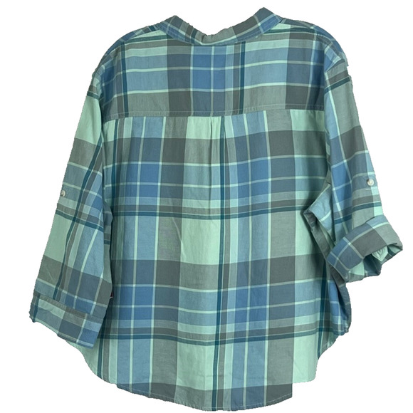 Mossimo Shirt Women's Size XXL Turquoise Blue Plaid Button Front Crop Top - Picture 2 of 7